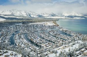 Tahoe Keys community aerial view with snow