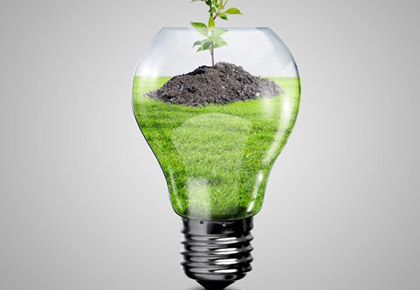 A lightbulb filled with grass, dirt, and plant to signify reducing energy consumption